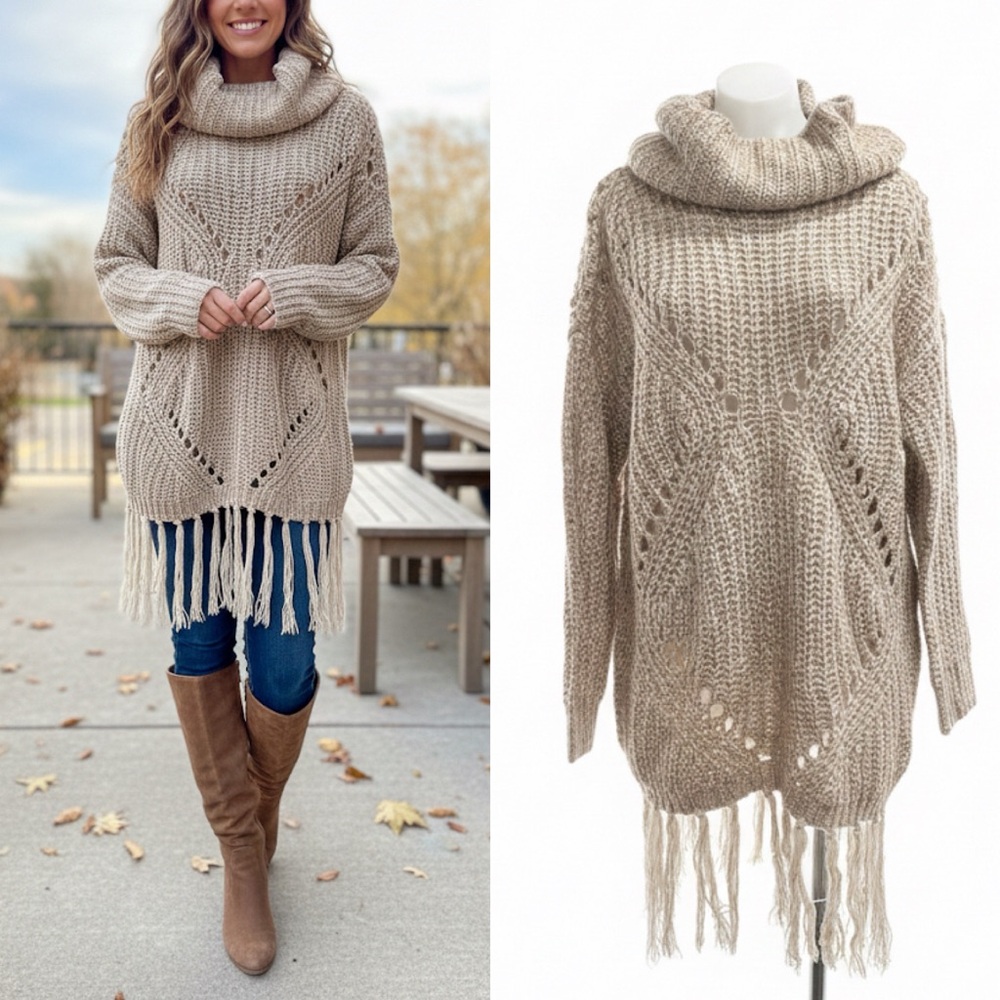 Glamorous Beige Cowl Neck Sweater with Fringe